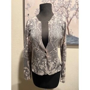 One World Grey White Floral Damask V-Neck Button Front Cardigan Sweater Womens M